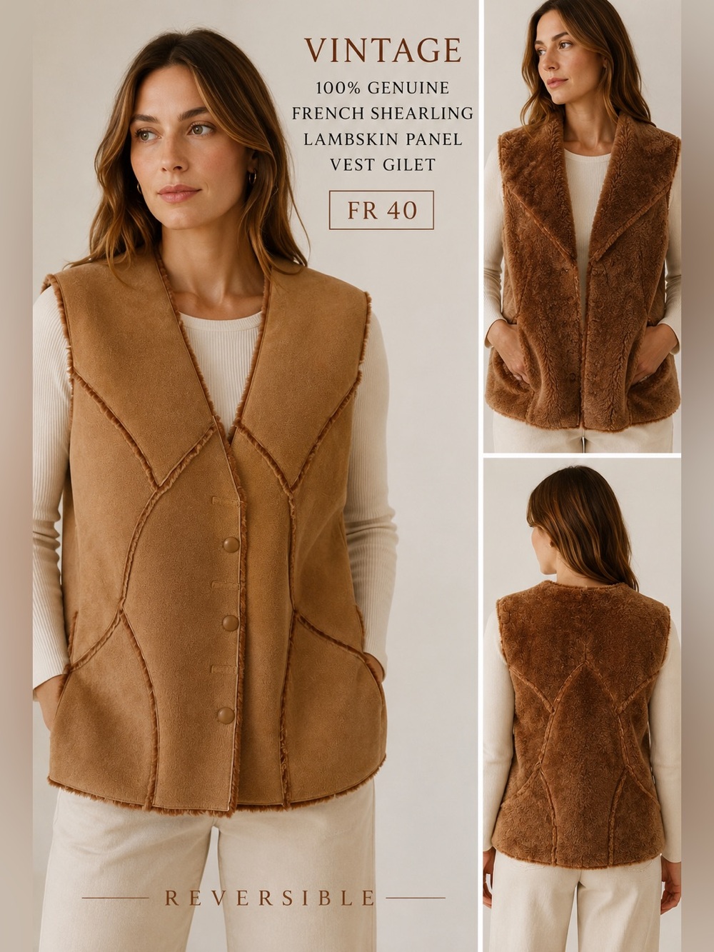 Vintage 100% Genuine French Shearling Lambskin Panel Vest Gilet Brown Suede FR 4